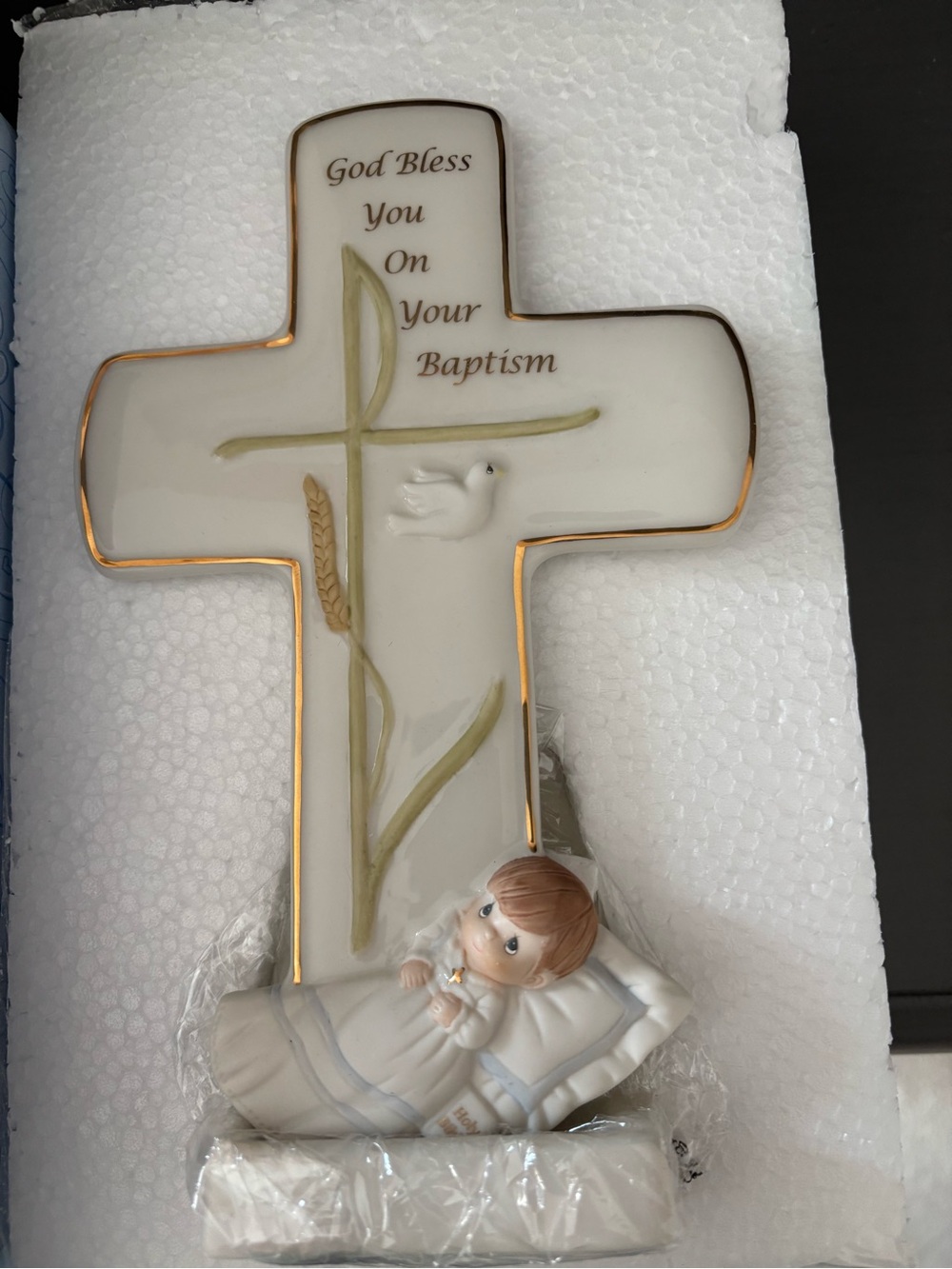 Precious Moments White & Gold Baptism Cross with Child Figurine